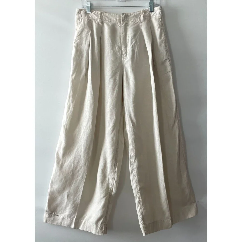 Free People Womens 4 Wide Leg Linen Lyocell Pants Ivory Beige Pleated Trousers